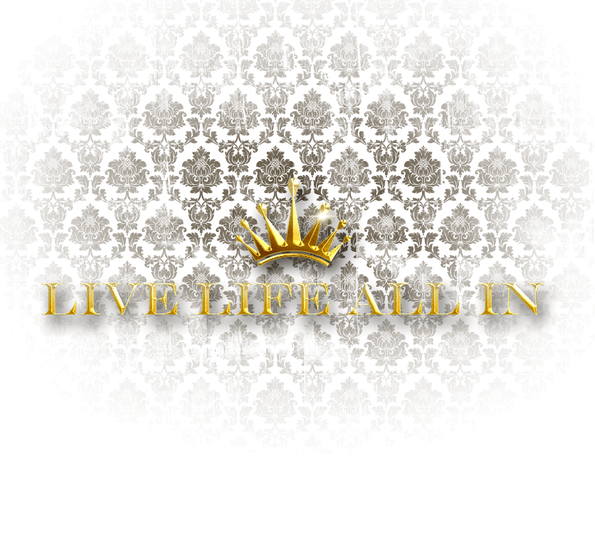 A logo of live life all in, in gold color with a crown with a transparent background